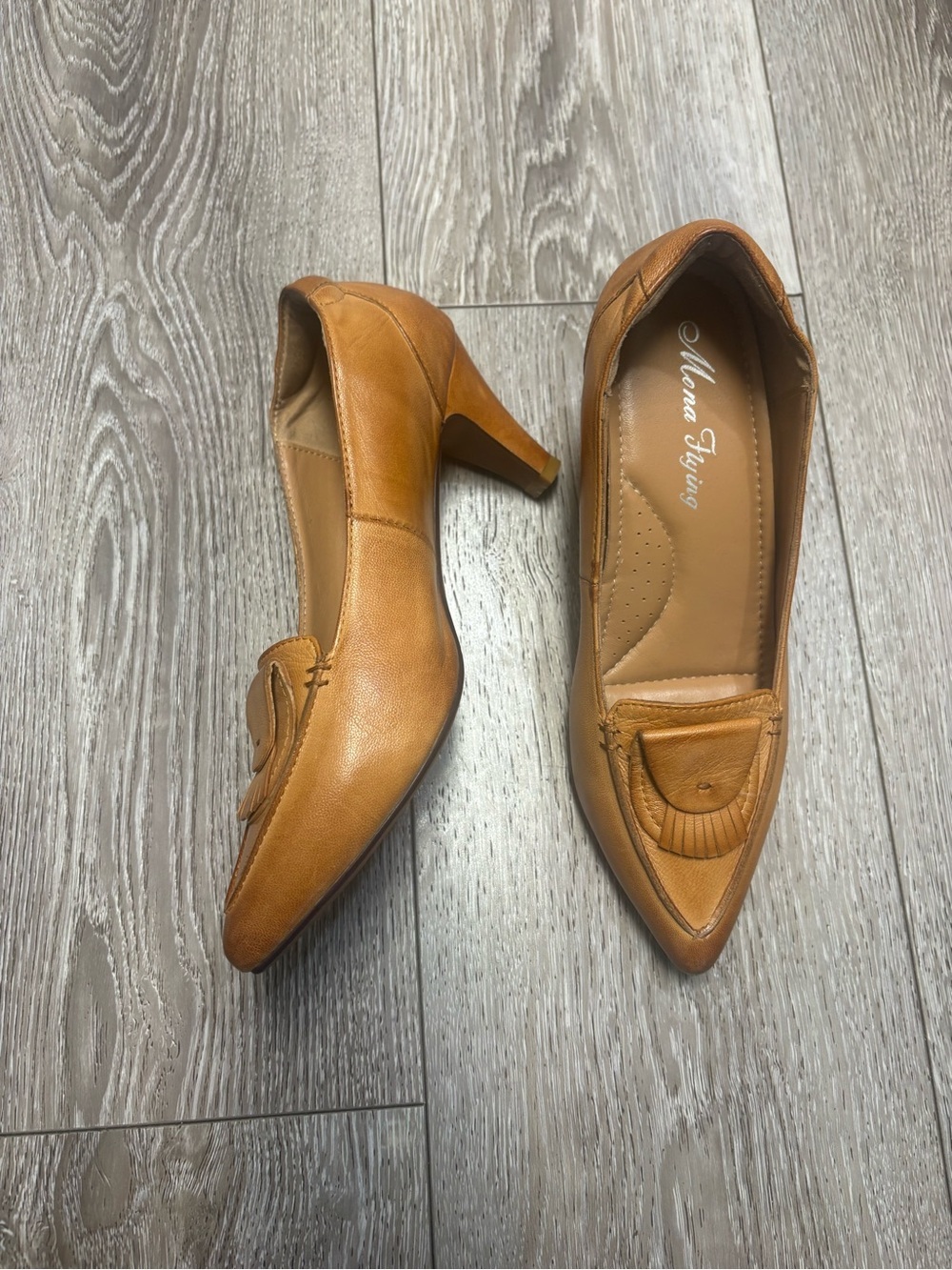 Mona Flying Classic Tan Leather Pointed-Toe Pumps - Women's - Picture 2 of 12